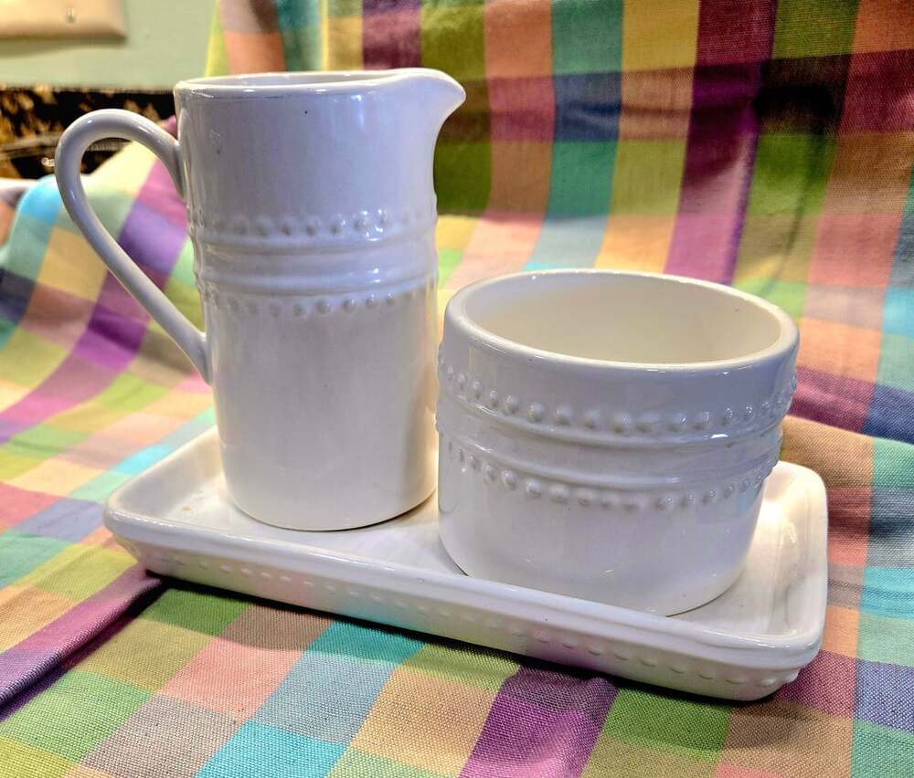 Pottery Barn Gabriella White Beaded Stoneware Creamer, Sugar Bowl and Tray Set